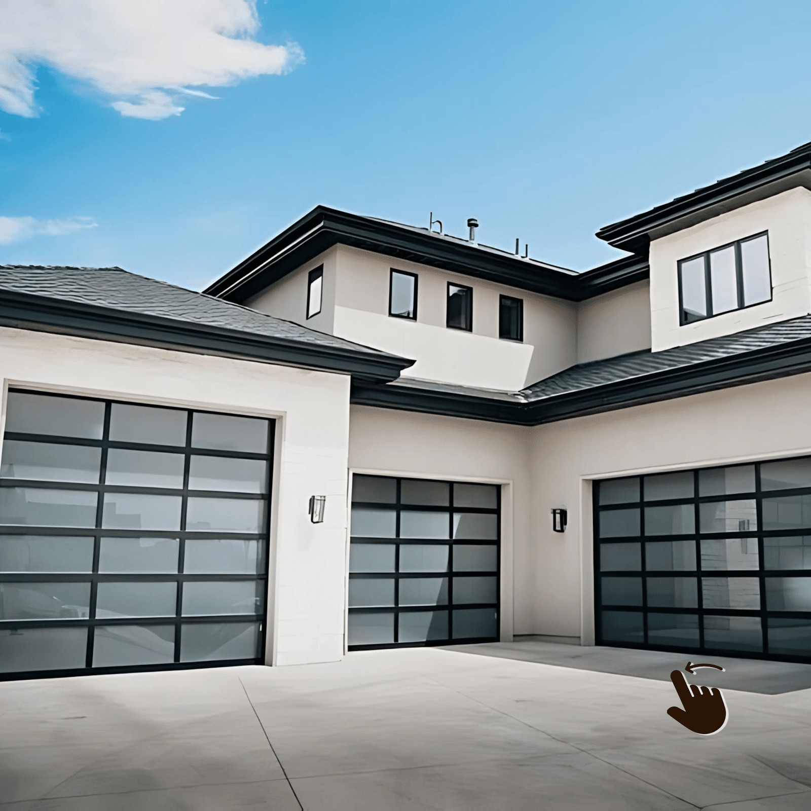 Modern home with three glass-panel garage doors