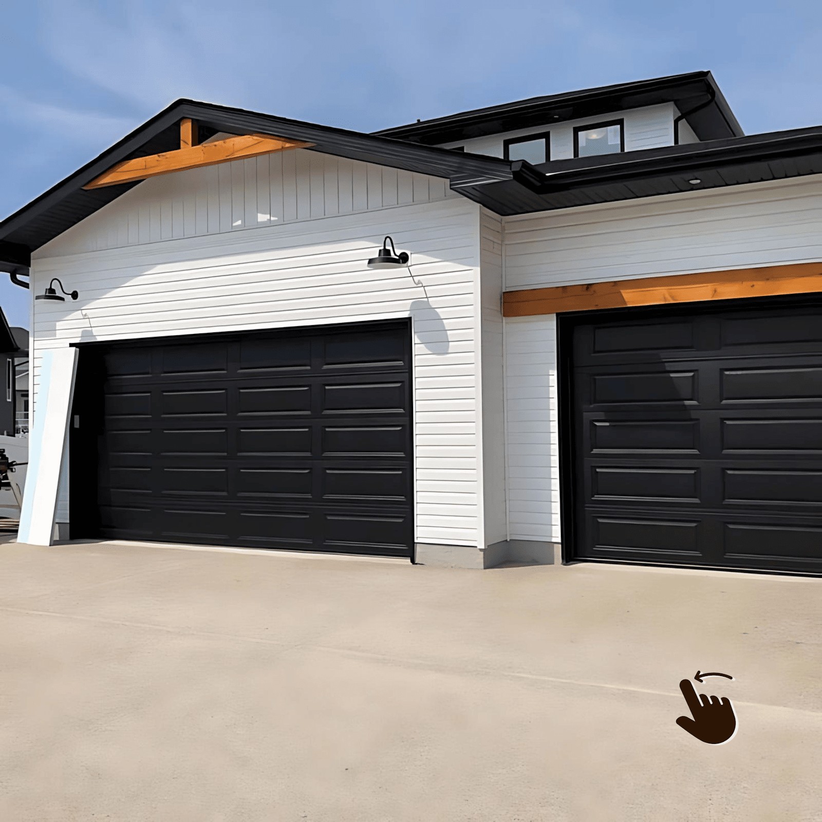 Modern home with two black garage doors and white siding
